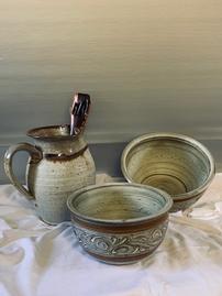 Tan Handcrafted Water Pitcher & 2 Dalton Ranch Pottery Bowls b y Nick Blaisdell 202//269